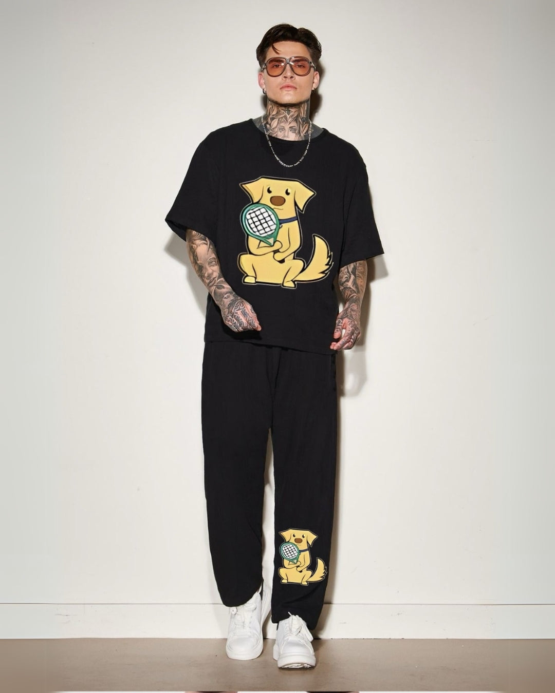 Men's Tennis Pup Oversized Co-Ord Set - Black and Black