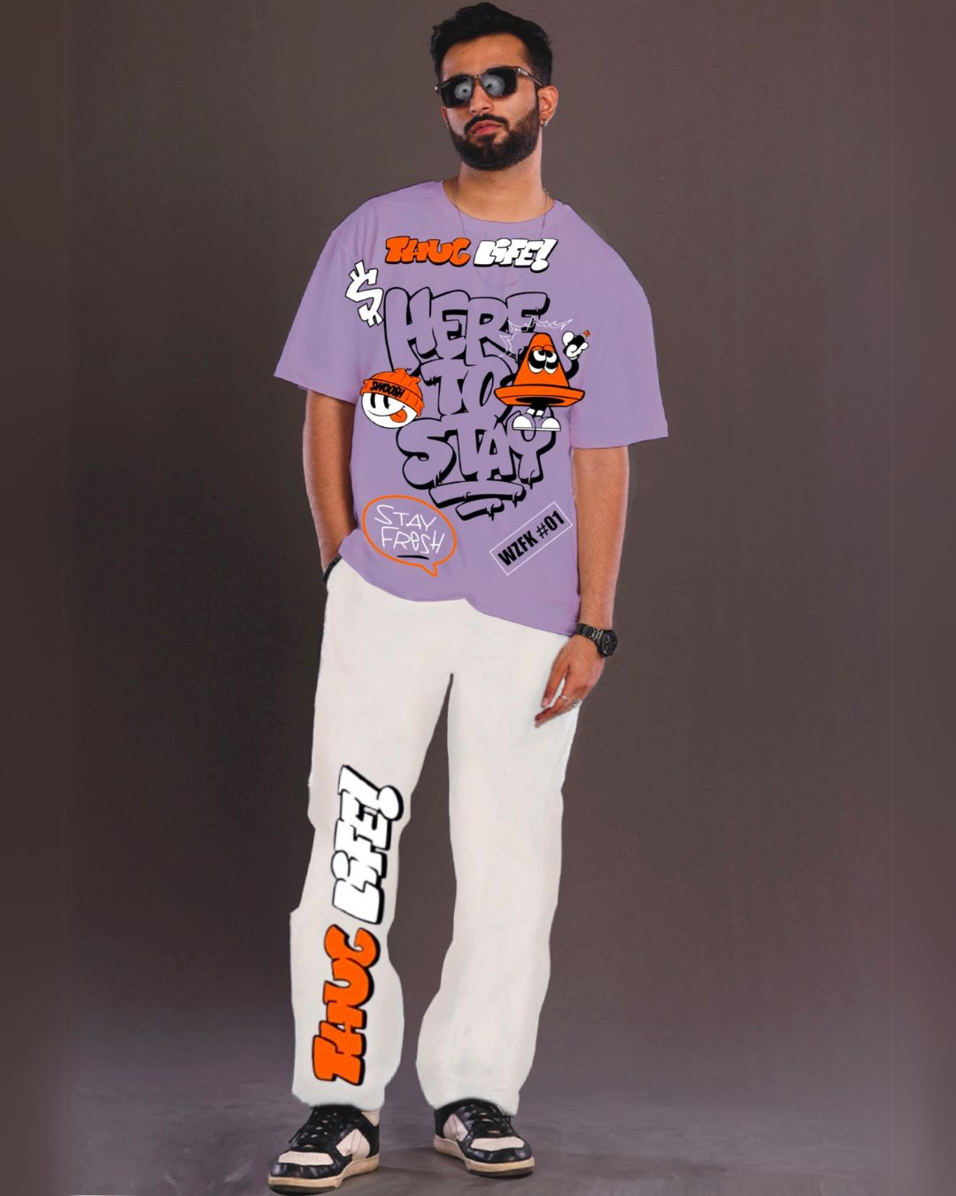 Thug Life: Purple and White Oversized Men's Co Ord Set