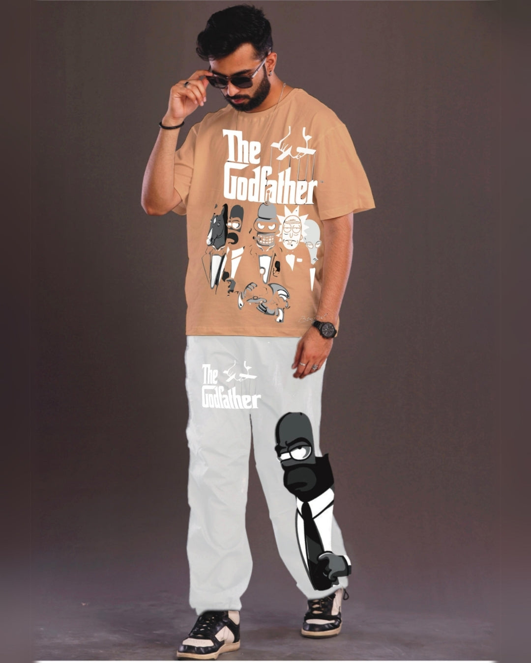 The GodFather Men's Oversized Beige and White Coord Set