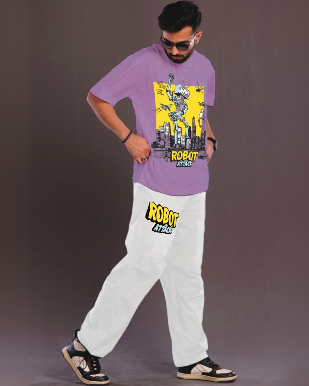 Robot Attack Men's Oversized Purple and White Coord Set