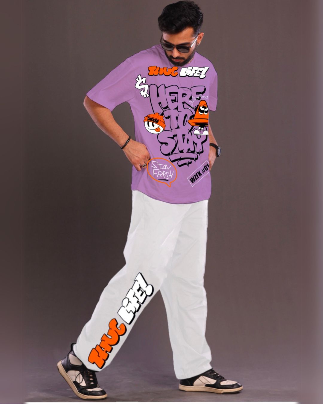 Thug Life: Purple and White Oversized Men's Co Ord Set