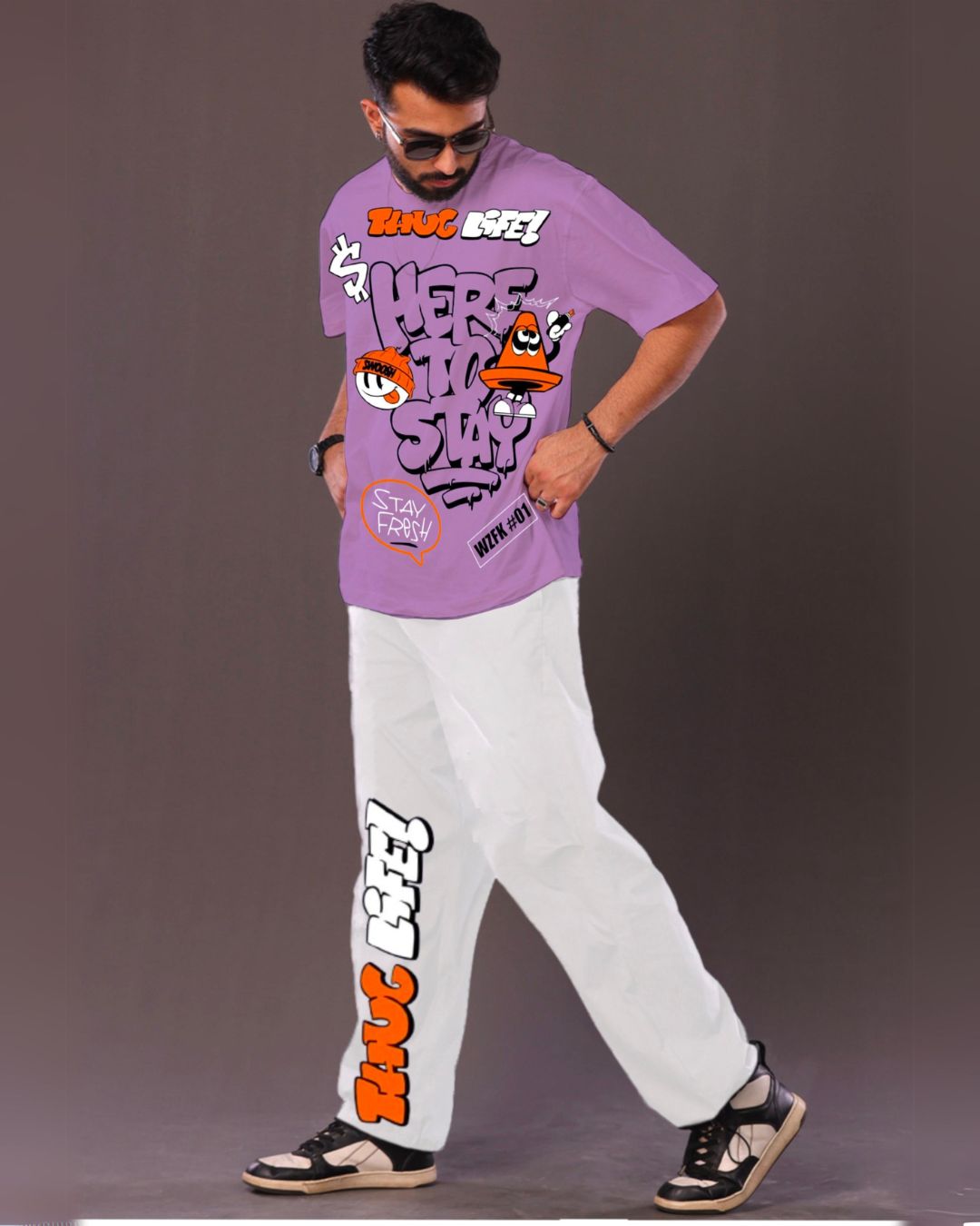 Thug Life: Purple and White Oversized Men's Co Ord Set