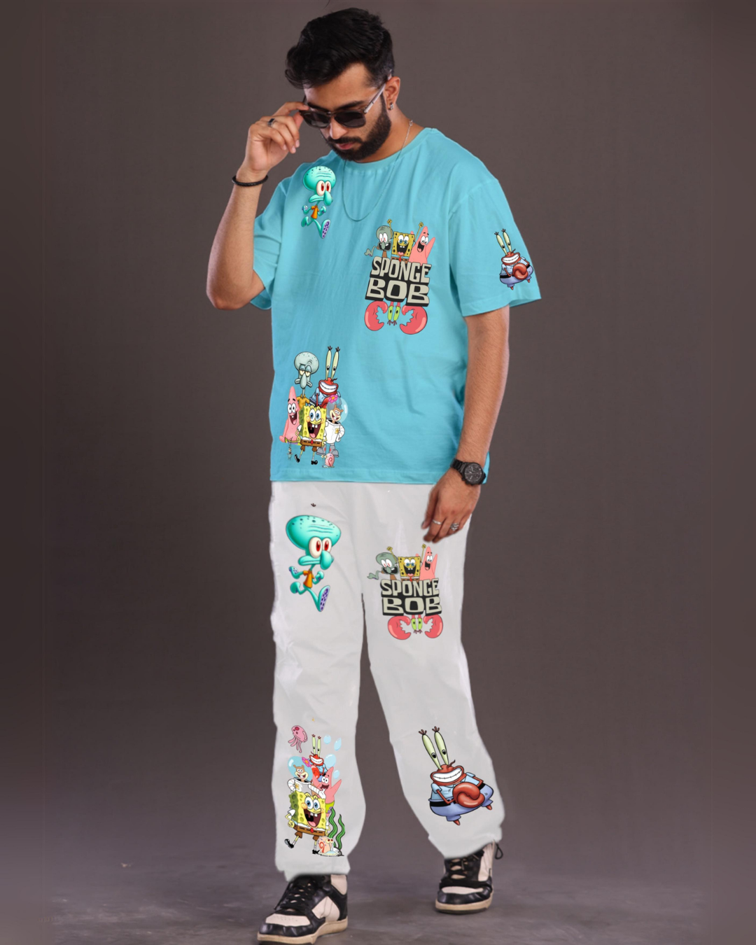 Men's SpongeBob Graphic Oversized Co-Ord Set - Blue and White