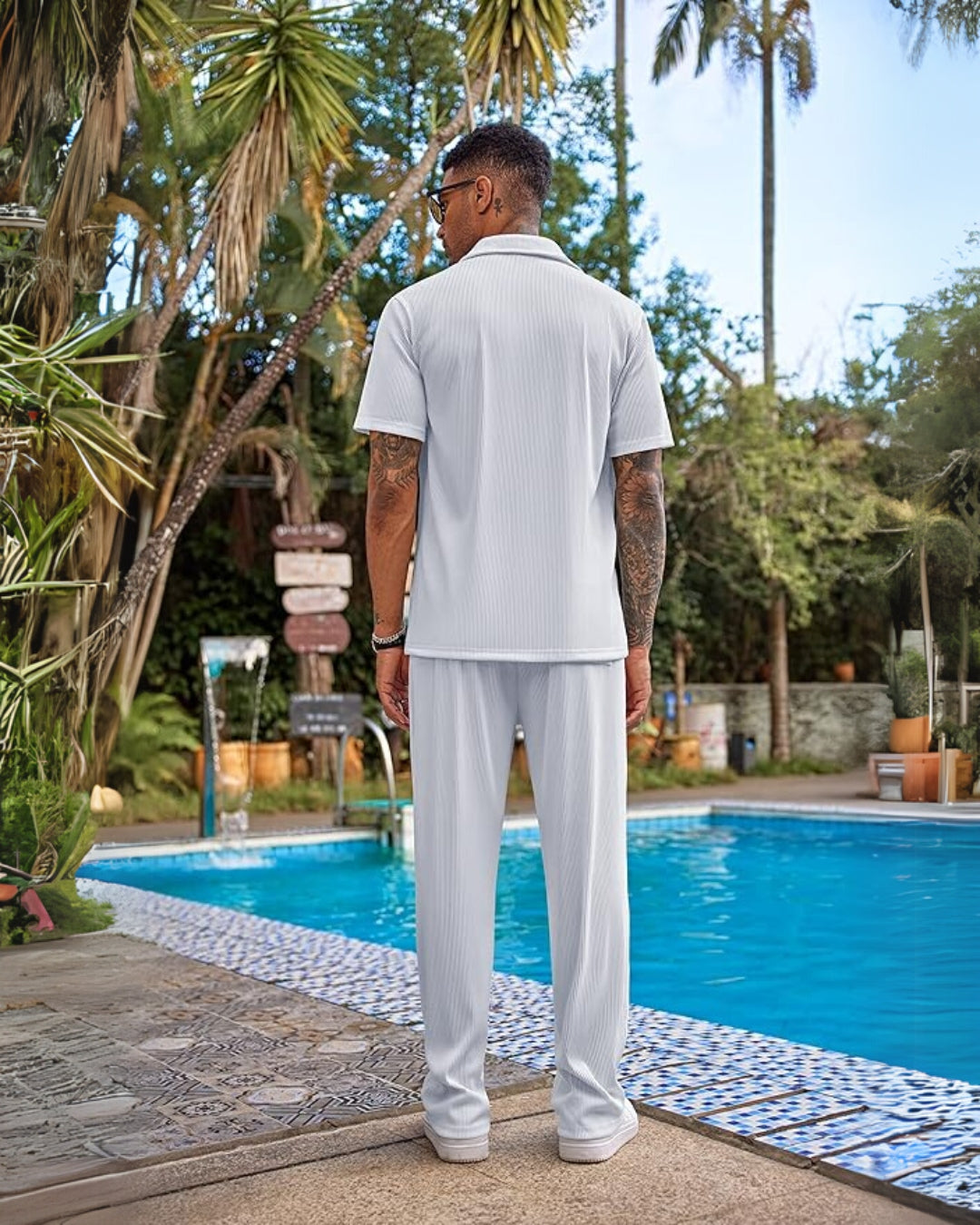 Half Sleeve Blue Floral Oversized Knitted Shirt Cord Set - White and White