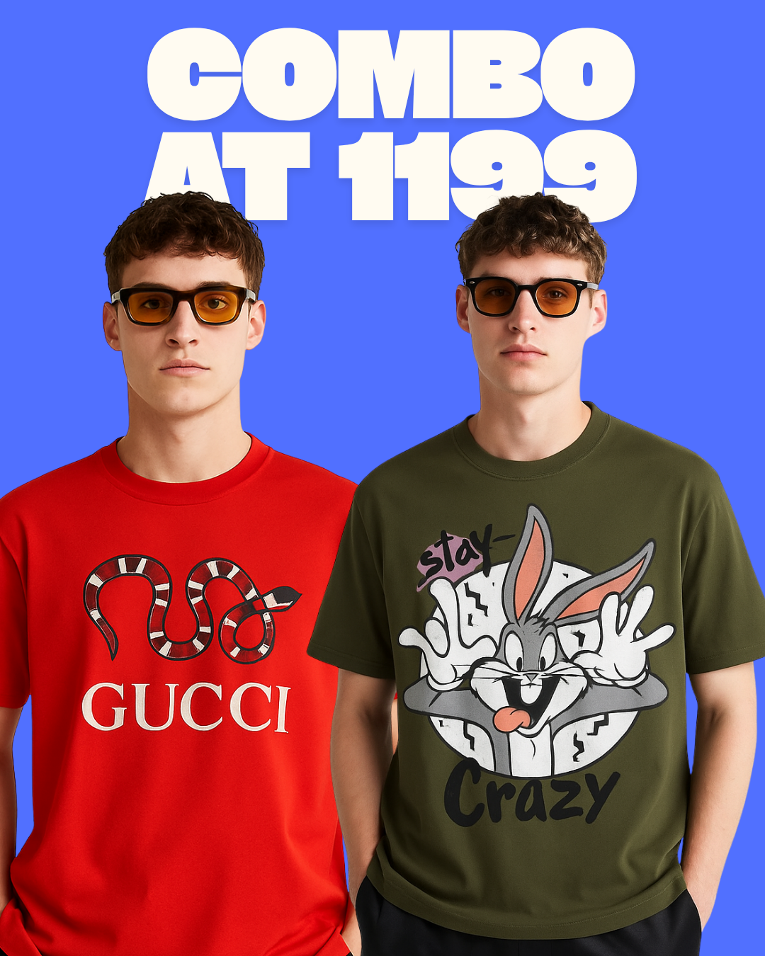 GUCCI SNAKE (RED), STAY CRAZY (OLIVE) TEE COMBO OF 2(*)