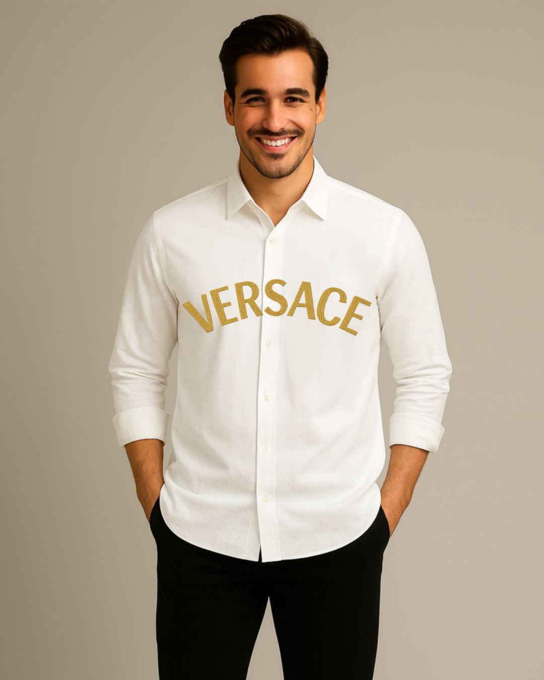 MEN'S GOLD VERSAACE FULL SLEEVE WHITE SHIRT