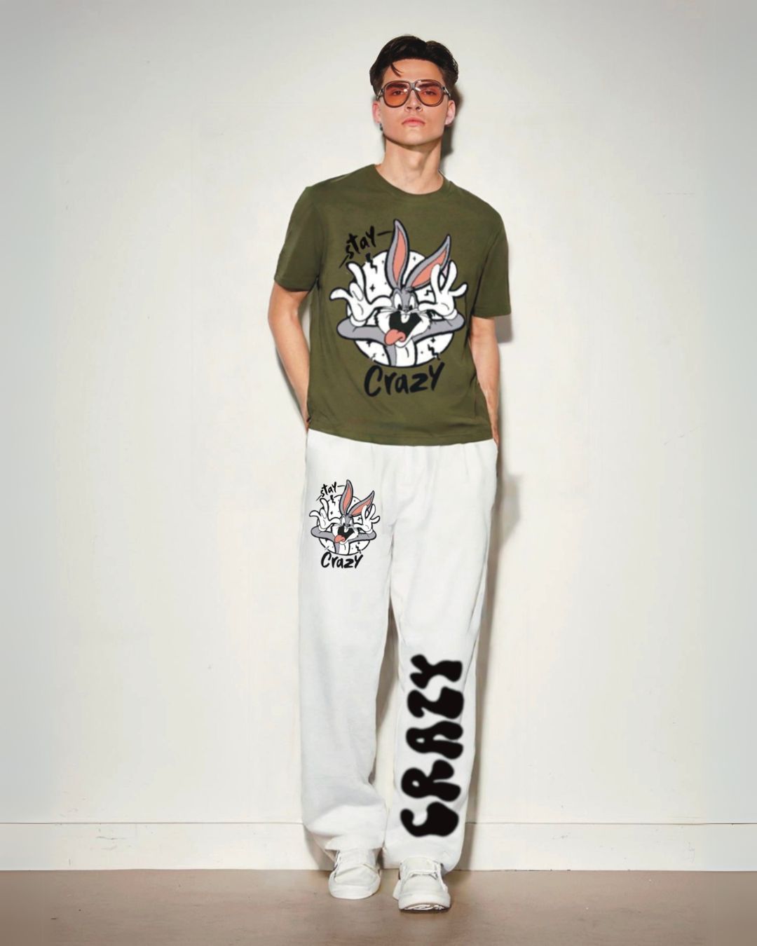 Stay Crazy Oversized Men's Coord Set - Olive and White (*)