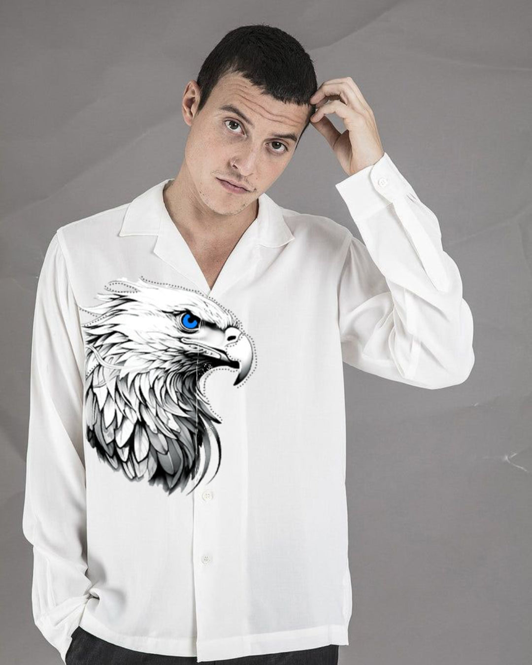 Eagle Theme Full Sleeve White Oversized Knitted Shirt