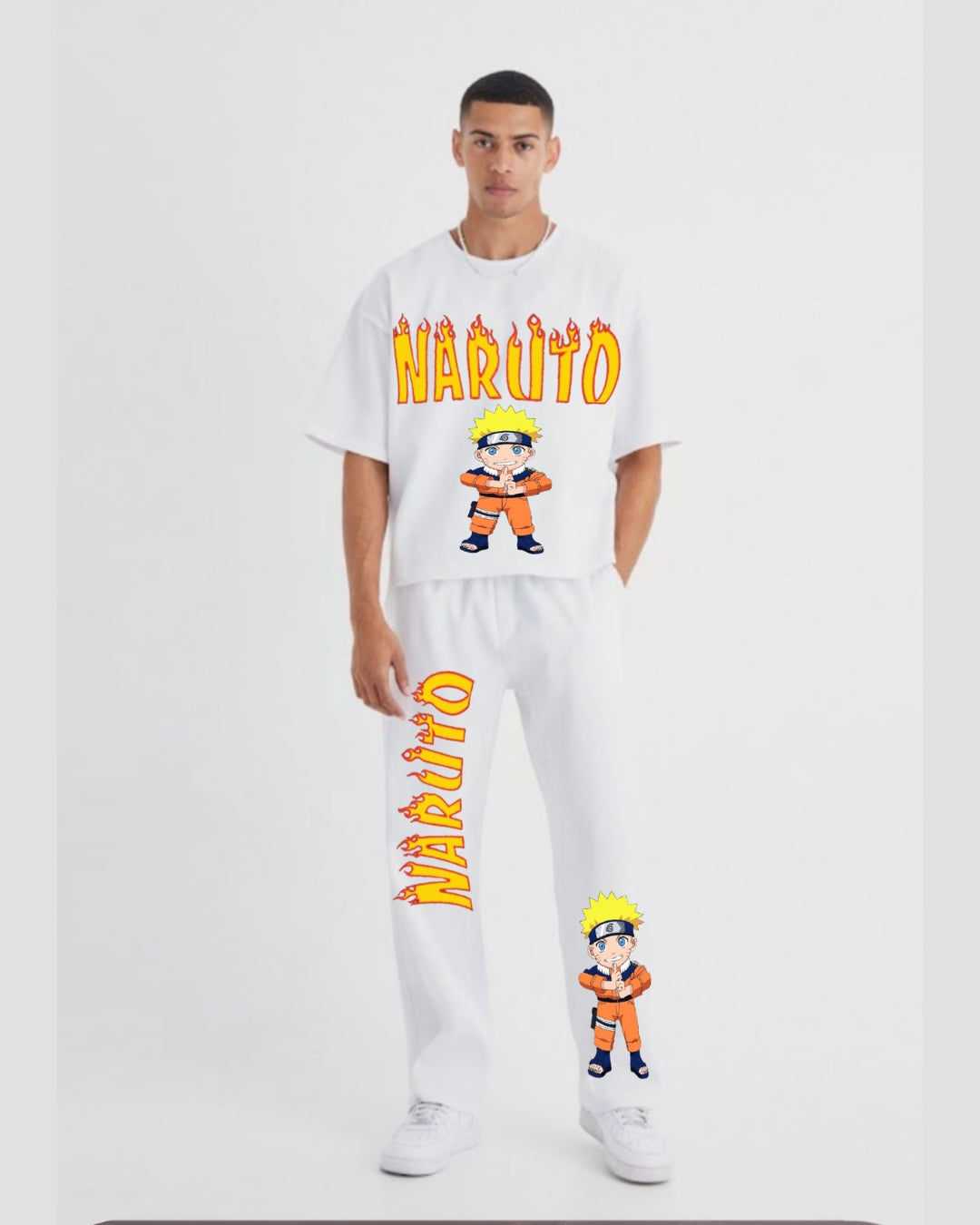 Men's Naruto Fire Oversized Co-Ord Set - White and White