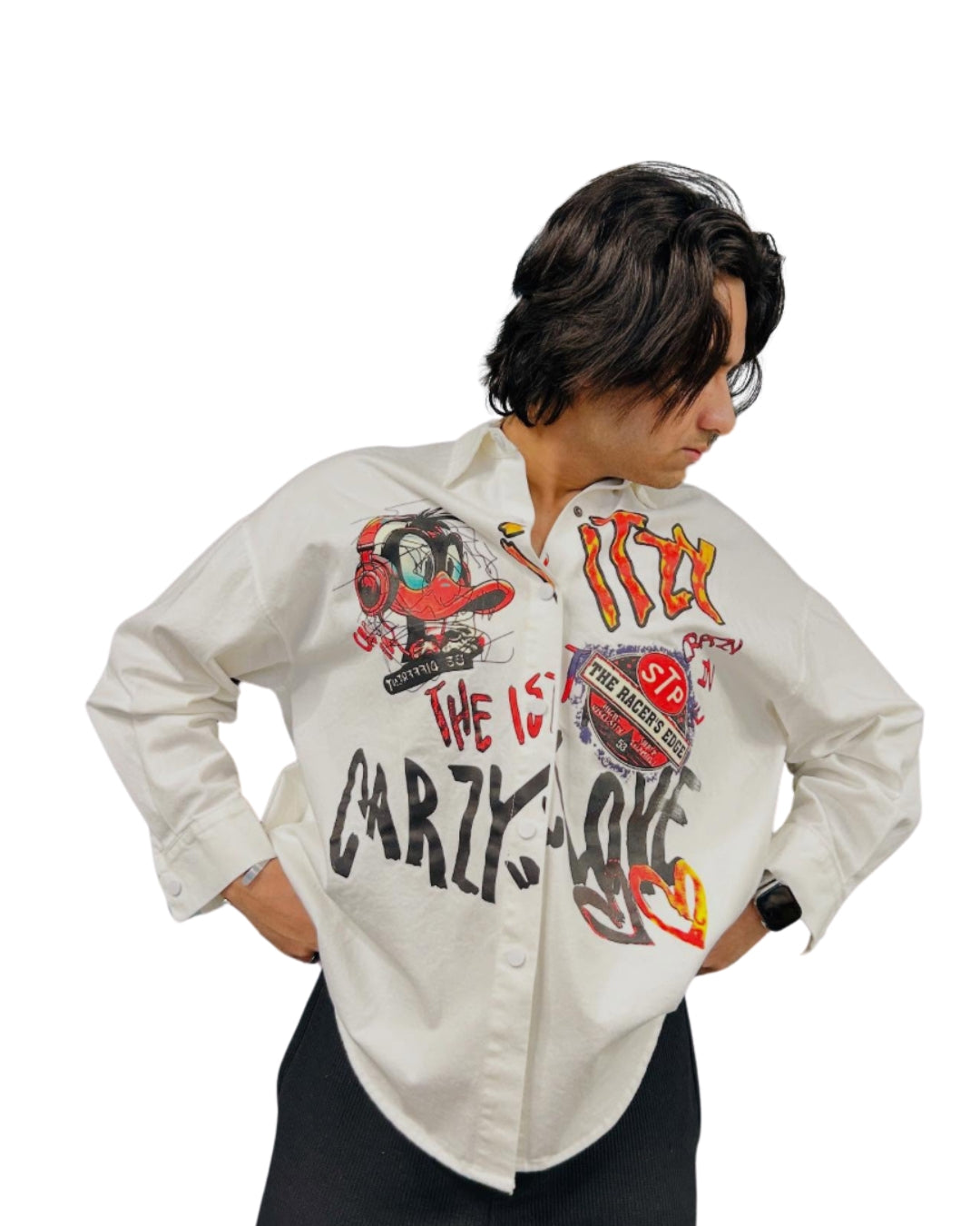 It's crazy love duck Full Sleeve White Oversized Knitted Shirt
