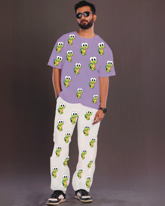 Men's Turtle World Oversized Co-Ord Set - Purple and White
