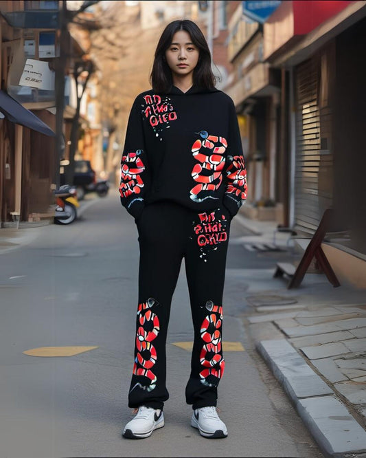 Women Snake Edition Hoodie Oversized Co-ord Set - Black and Black