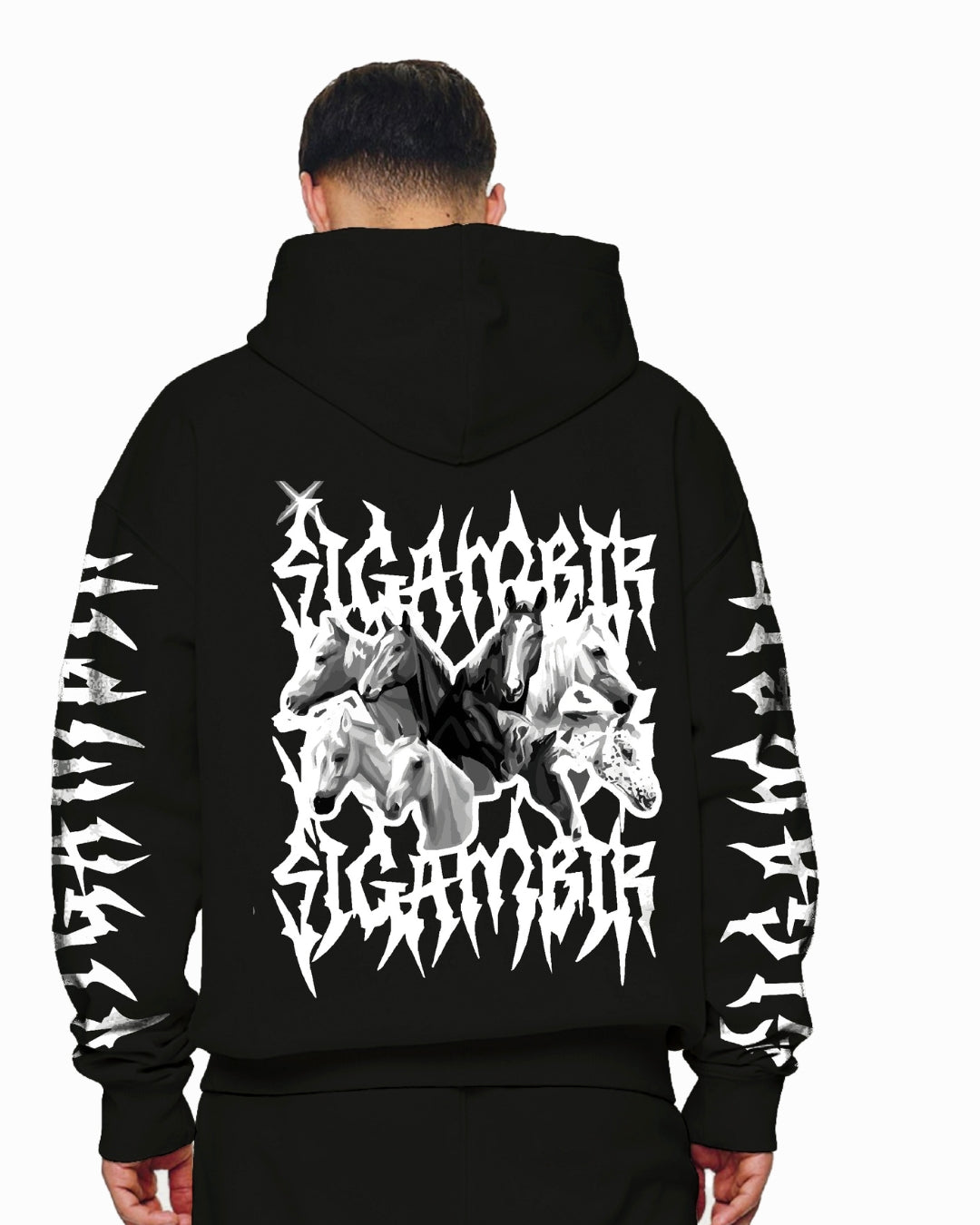 Unisex Black Oversized Hoodie - Horses