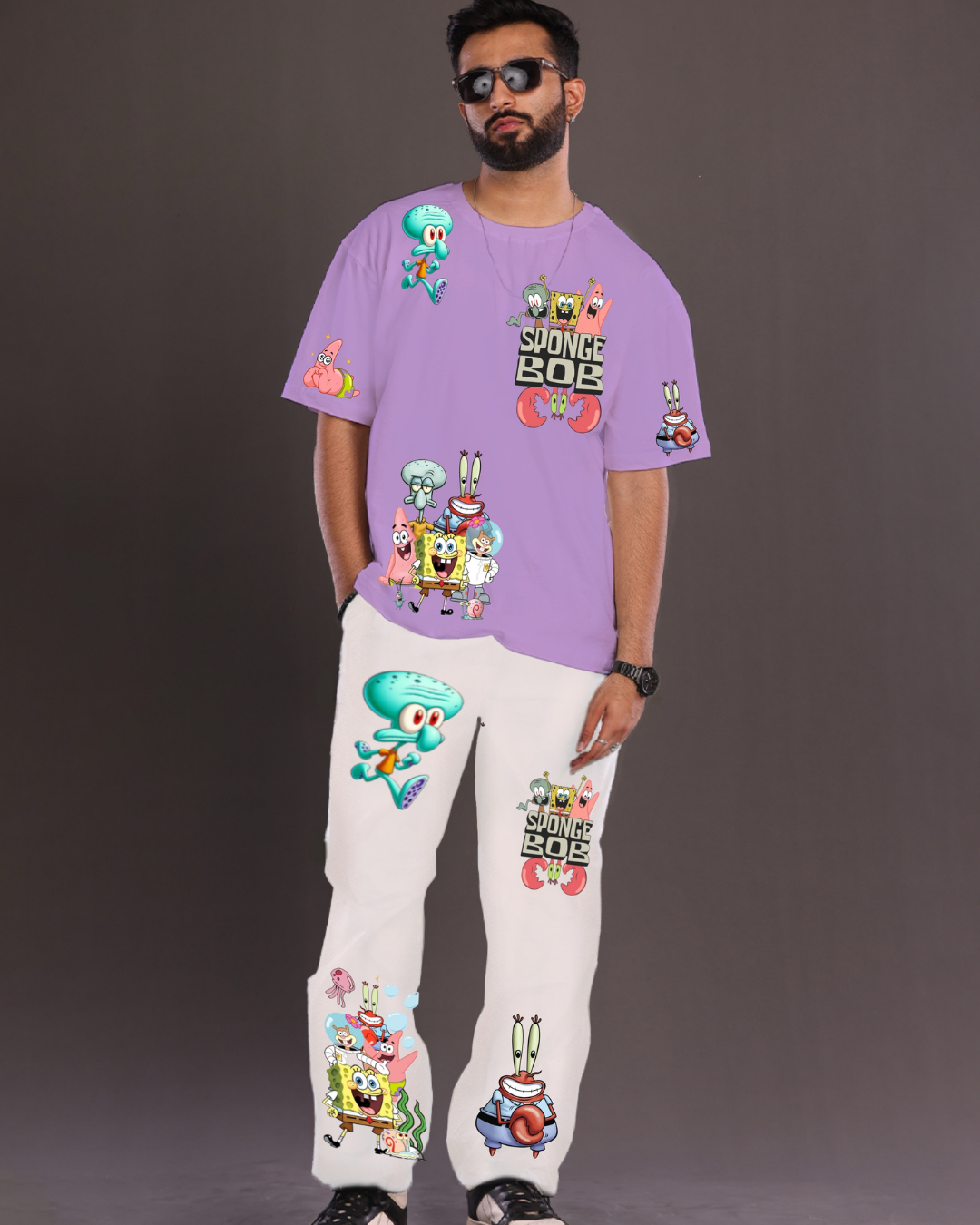 Men's SpongeBob Graphic Oversized Co-Ord Set - Purple and White