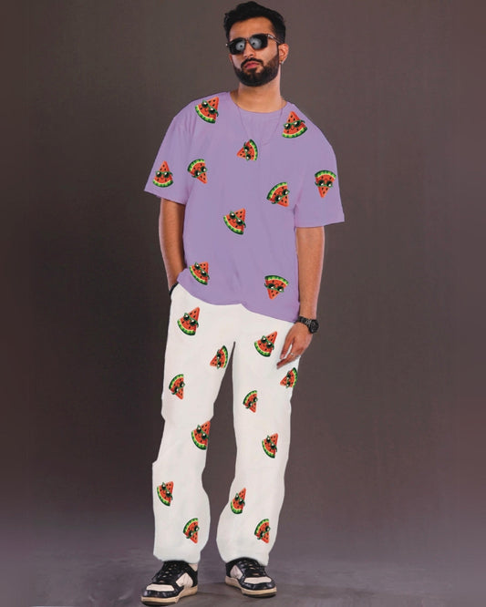 Men's Watermelon World Oversized Co-Ord Set - Puple and White
