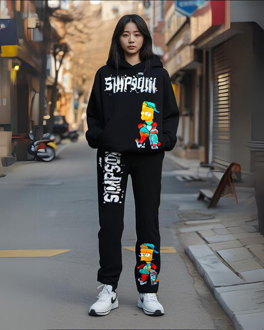 Women Simpson Hoodie Oversized Co-ord Set - Black and Black