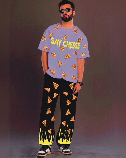 Men's Say Cheese Oversized Co-Ord Set - Purple and Black