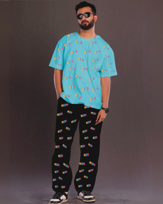 Men's Meow Oversized Co-Ord Set - Blue and Black