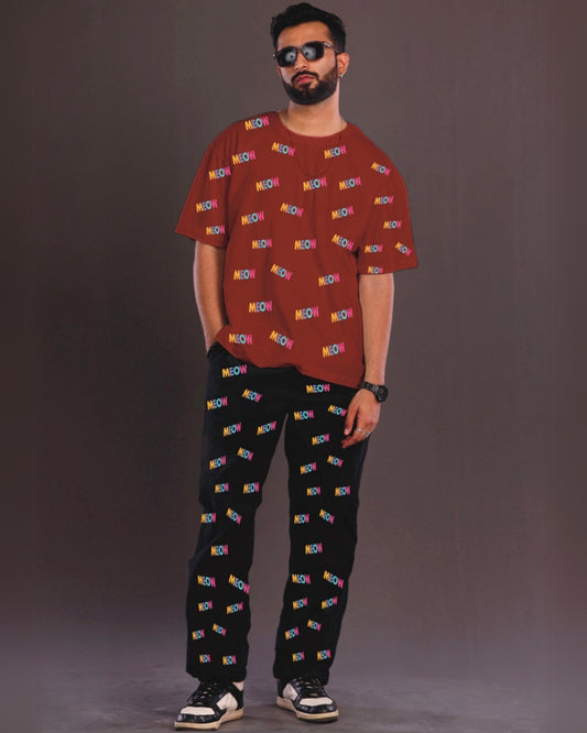 Men's Meow Oversized Co-Ord Set - Red and Black