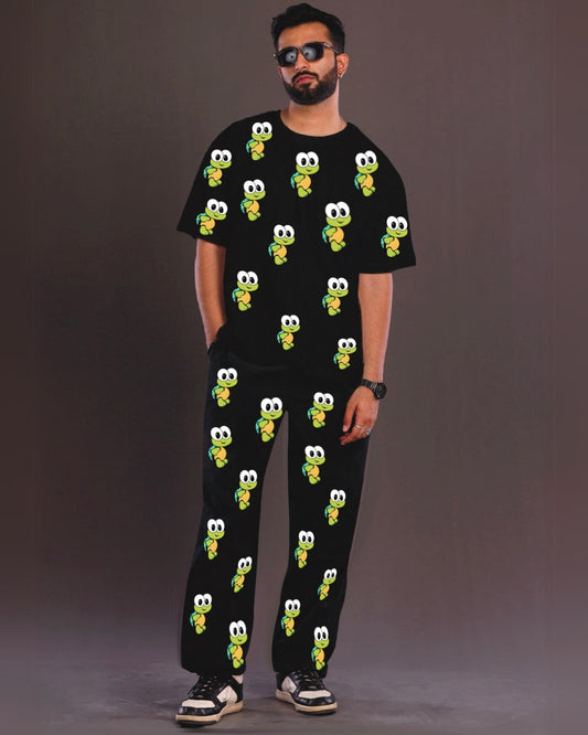 Men's Turtle World Oversized Co-Ord Set - Black and Black