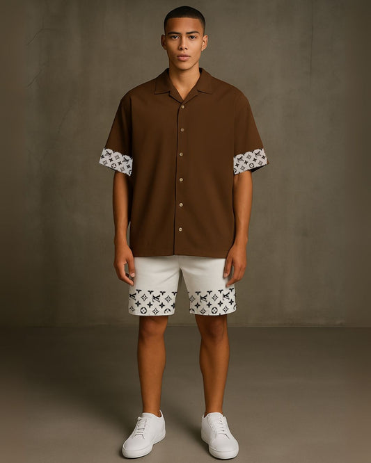 Lv2.0 half sleeve shirt with shorts cordset (moka and white )(*)
