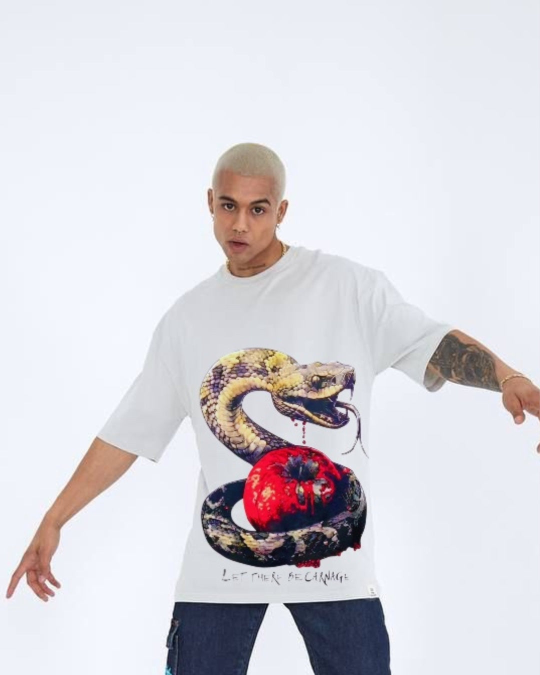 Snake Wrapped Apple Unisex Exclusive Oversized Tee - White