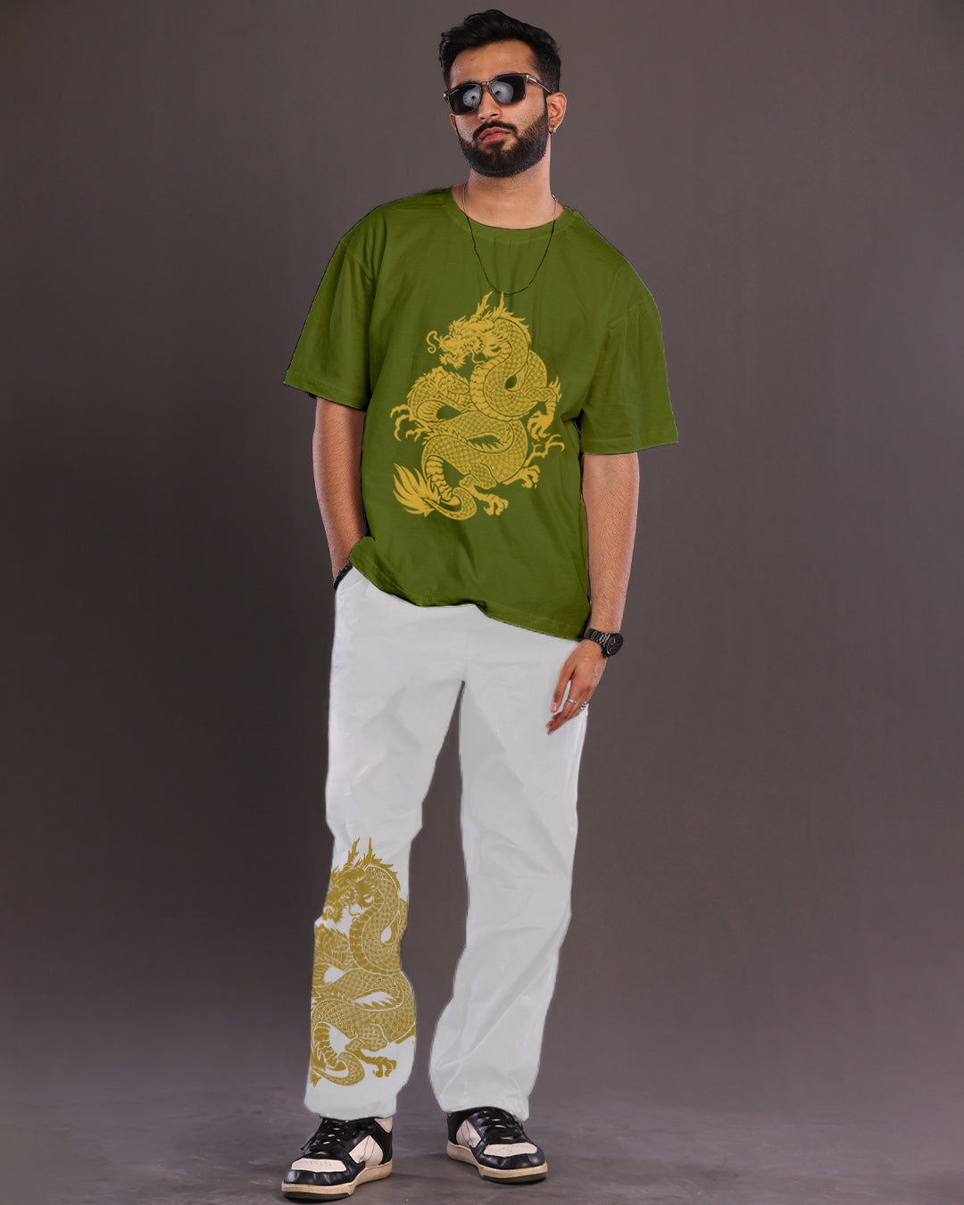 Stylish Two-Piece: Men's Dragon Co-ord Set in White & Olive(*)