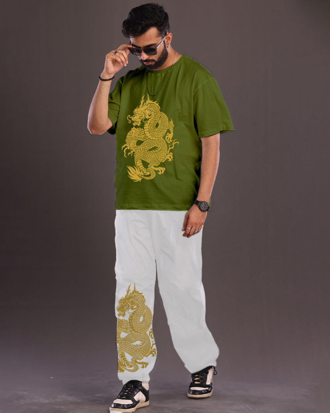 Stylish Two-Piece: Men's Dragon Co-ord Set in White & Olive(*)