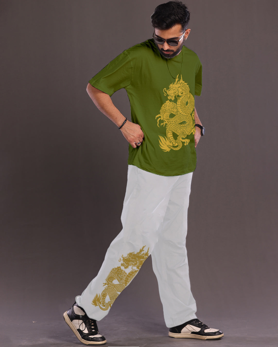 Stylish Two-Piece: Men's Dragon Co-ord Set in White & Olive(*)
