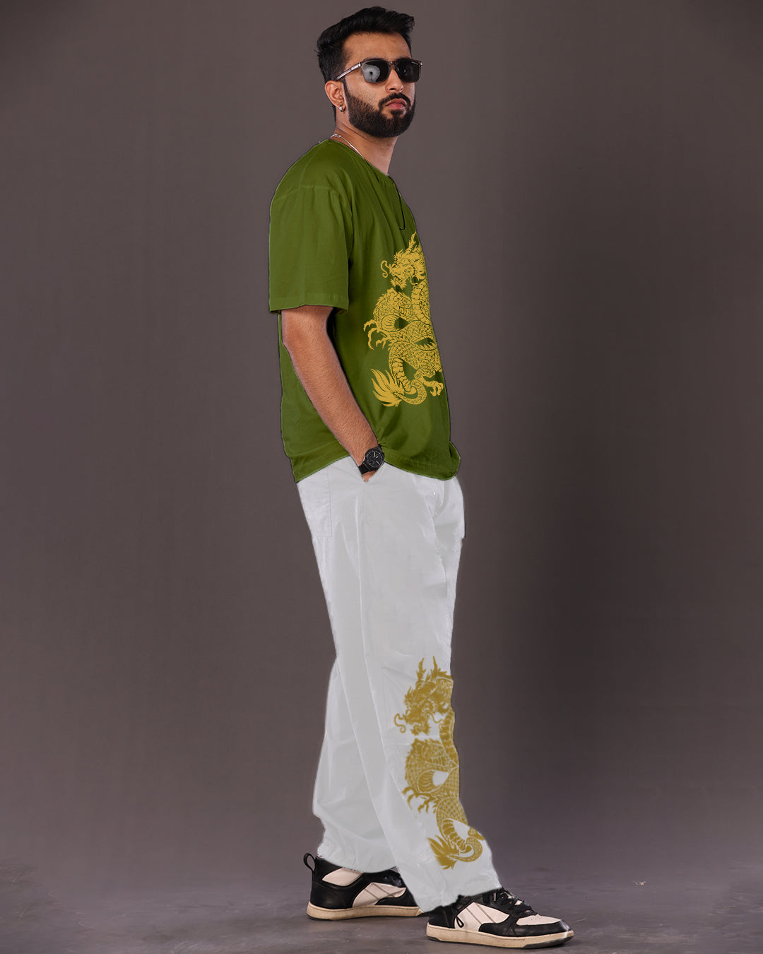 Stylish Two-Piece: Men's Dragon Co-ord Set in White & Olive(*)